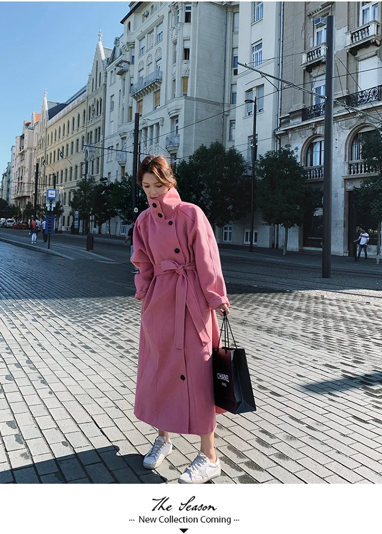 Для фотосессии INS, милое, розовое, элегантное, длинное, отложной воротник, однобортное, на талии, на шнуровке, шерстяное, шерстяное пальто для женщин