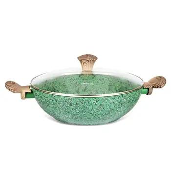 

Fissman Wok Pan with Glass Cover Two Side Handle Non-stick Coating Dot Induction Bottom MALACHITE Series Cooker Pan