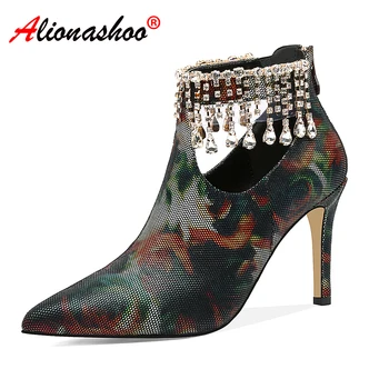 

Women Genuine Leather Summer Boots Crystal Thin High Heels Metal Chains Back Zipper Ankle Boots Ladies Printing Real Leather