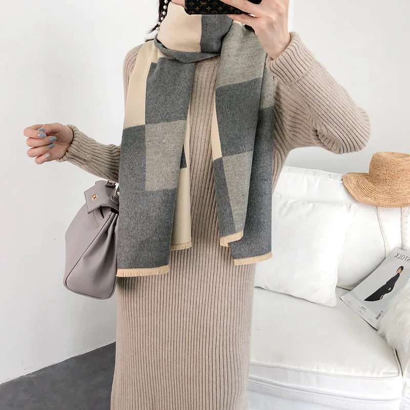 Beige gray Thick Cashmere Women Winter Scarf Solid Plaid Female Pashmina Scarves Shawls and Wraps Luxury New - Цвет: Beige gray