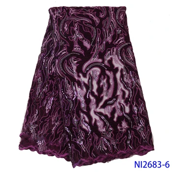 

African Lace Fabric 2019 High Quality Velvet Sewing Dress 5Yards Nigerian Wedding Lace French Net Lace Sequins Fabric NI2683-6