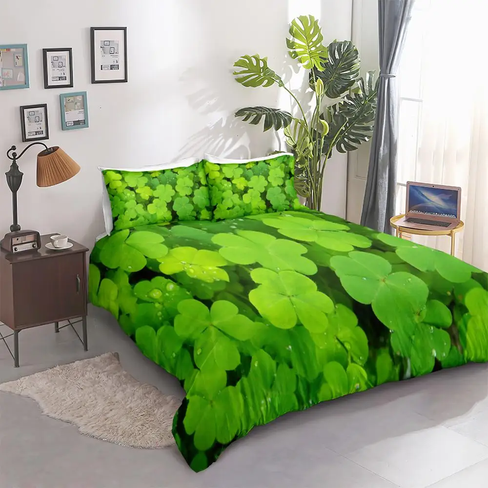 

Green Clovers Bedding Set 3D Plant Duvet Cover with Pillowcases lucky Quilt Cover Set Queen King micro Water Drops Bed Cover