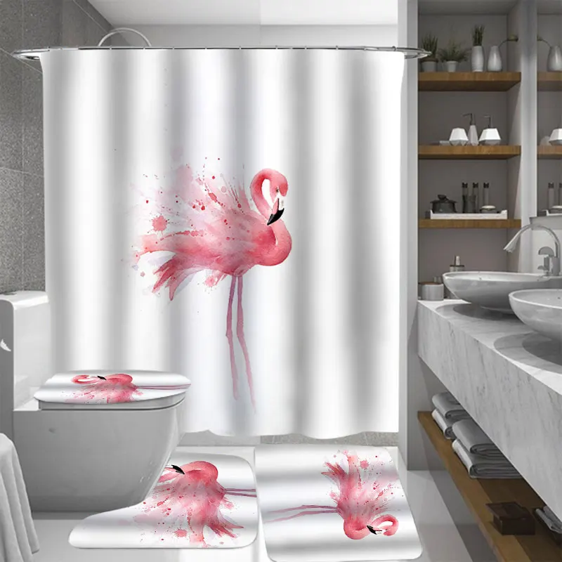 Nordic Pictures Polyester Flamingo Waterproof Bathroom Shower Curtain Toilet Cover Bath Mat Non-Slip Rug Set with 12 pcs Hooks