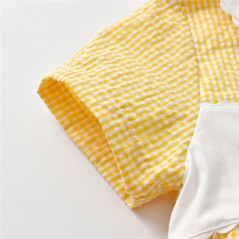 Spanish Baby Girl Plaid Romper Summer Newborn Embroidery Flower Cotton Jumpsuit Infant Baptism Yellow Rompers Toddler Clothes