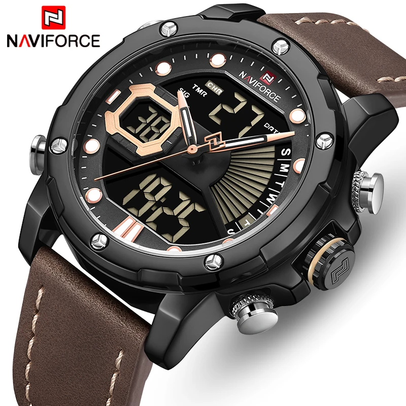 Мужские часы NAVIFORCE модные спортивные кварцевые часы мужские кожаные водонепроницаемые наручные часы светодиодный Аналоговый Цифровой Часы Relogio Masculino