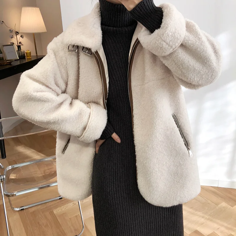 Thickening Cotton Lamb Wool Jacket Woman Winter Long Sleeve Loose Warm Casual Female Coat