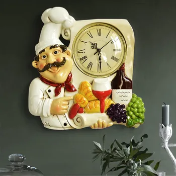 

European Retro Pastoral Wall Clock Resin Chef Statue Watch Mute Quartz Clock Living Room Kitchen Wall Hanging Clock Home Decor