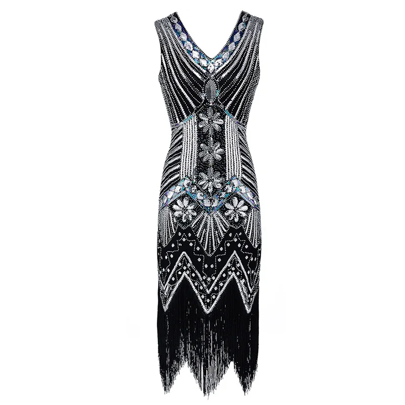 black dress С верхней частью в виде крыльев Размеры 1920s Хлопушки платье Великий Гэтсби Вечерние вечернее блестящее Расшитое Бисером И Бахромой Винтаж V образным вырезом Для женщин платья - Цвет: black dress