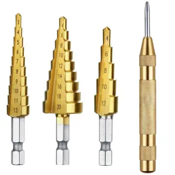 

4pcs Titanium Coated Step Drill Bit Center Punch Kit Woodworking Metal Plastic Surfaces Power Drilling Cutter Tools