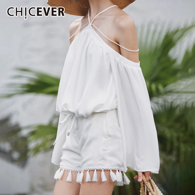 

CHICEVER Halter Off Shoulder Womens Tops And Blouses Lantern Sleeve Hem Bandage Bow Short Length Shirt Female Fashion New Summer