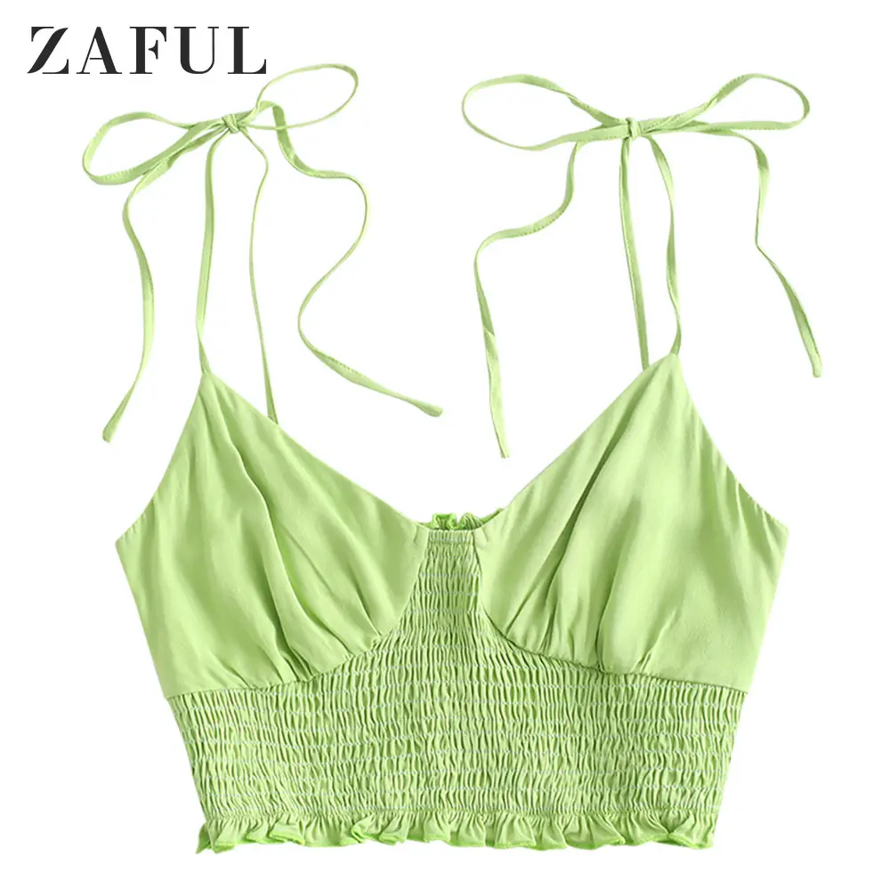 Короткий топ с завязками на плечах и бретельками от ZAFUL, однотонная короткая рубашка на шнуровке, женская укороченная майка с v-образным вырезом, сексуальные майки