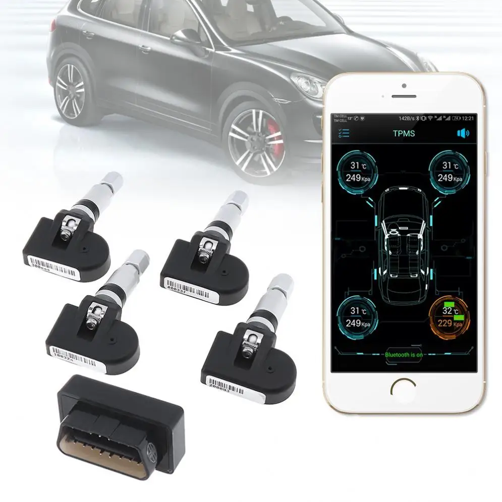 

4pcs Smart Cars TPMS Bluetooth 4.0 OBD Tyre Tire Pressure Monitoring System APP Display Bult-in Sensors Support Android IOS