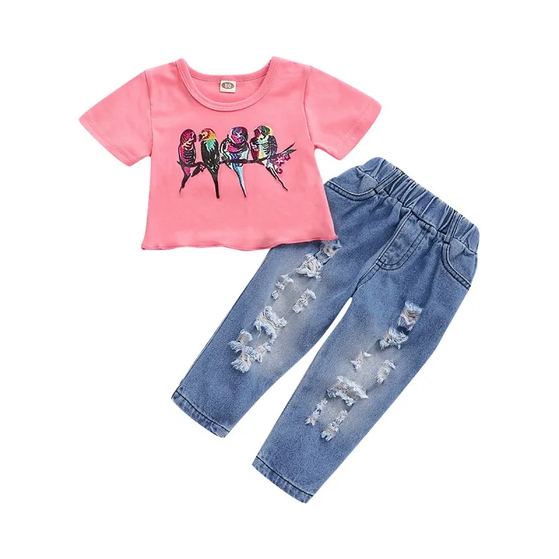 

2Pcs/Set Summer Baby Girls Short Sleeve T-shirt Tops + Jeans Casual Outfits Sets