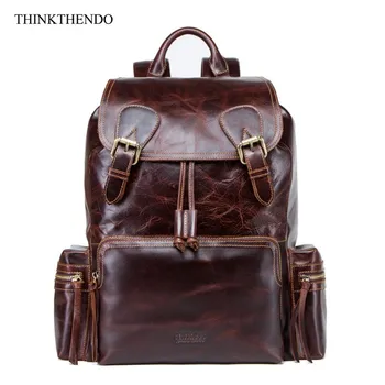 

Vintage Men Genuine Leather Backpack Travel Drawstring Rucksack Large Capacity Teenager Laptop Daypack
