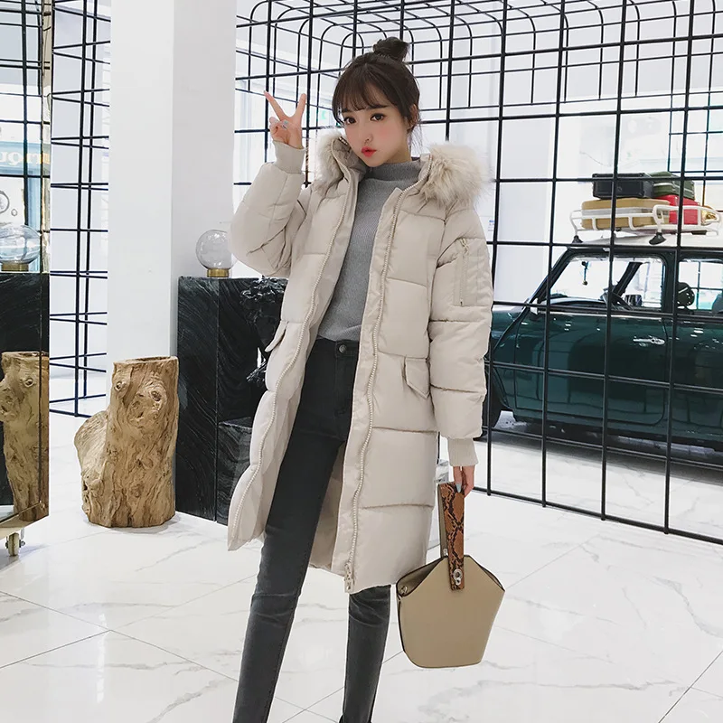 

Photo Shoot Women's Winter Students Korean-style down Jacket Middle Long Coat Loose-Fit BF Thickening Large Fur Collar Cotton Co
