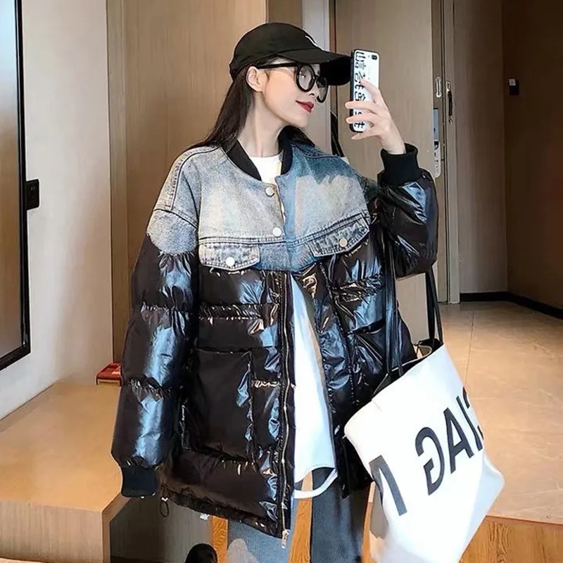 

INS net red same style down jacket women winter 2020 Korean version of loose denim stitching shiny mid-length down jacket Female