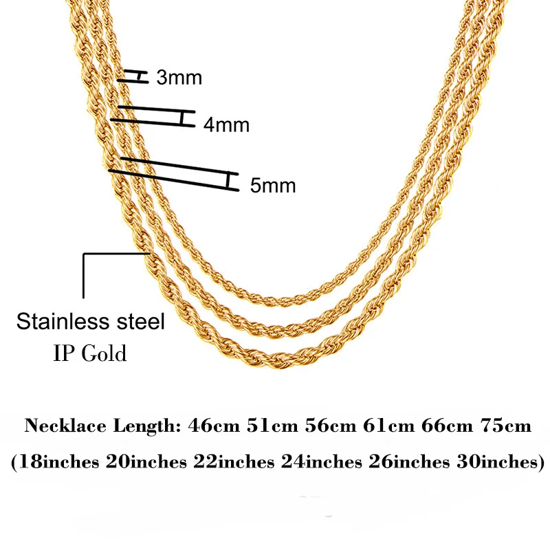 Stainless Steel Necklace Pendant Necklaces 3MM4MM5MM Rope Chains 46/51/56/61/66/76CM