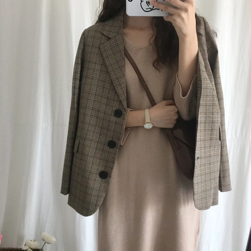 

Photo Shoot 2019 Spring New Style WOMEN'S Dress Korean-style England College Style Thousands of Birds Long Sleeve Small Suit Coa