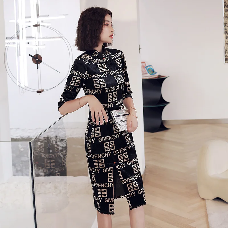 До колена Cheongsam винтажное бархатное женское элегантное вечернее платье улучшенное Qipao Vestidos Размер S-2XL