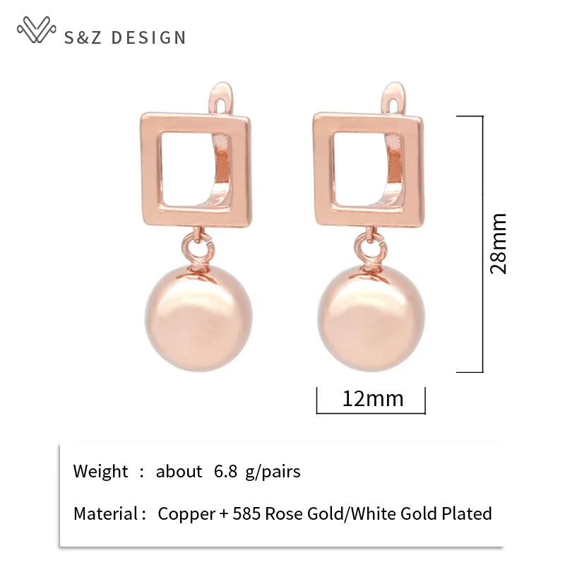 S&Z DESIGN Fashion Round Metal Bead Dangle Earrings For Women Girl Wedding Party 585 Rose Gold Color Jewelry