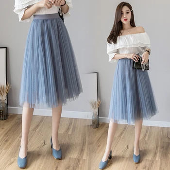 

Womens Korean Pleated Skirt Summer New Casual Elastic High Waist Mesh Tulle Skirt Summer Solid A-Line Tutu Skirt