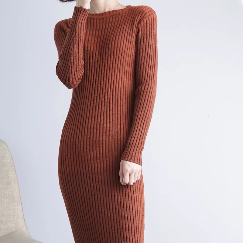 caramel colour Тонкий мешок бедра толстый вязаный платье женский длинный абзац над коленом темперамент дна кашемировый свитер - Цвет: caramel colour