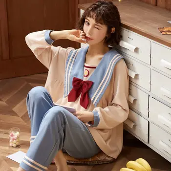

2020 Spring Autumn College Style Women Full Pure Cotton Pajamas Sets Navy Collar Long Sleeve Bow Sleepwear Sweet Lovely Pyjamas