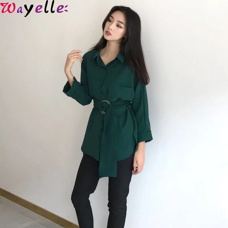 

Elegant Long Sleeve Women Blouse 2019 Autumn Spring Casual Button Lace-up Fitted Waist Office Ladies Retro Female Shirt Big Size