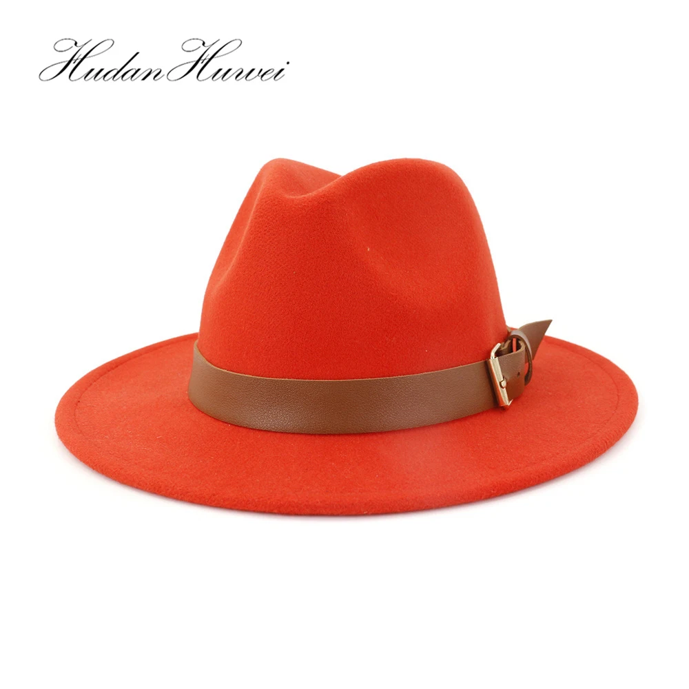 

Fashion Men Women Wide Brim Wool Felt Hat Formal Party Jazz Trilby Fedora Hat with Belt Buckle Yellow Orange Rosy Panama Cap