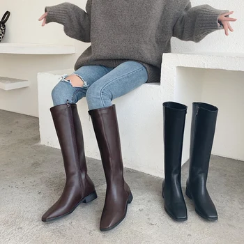 

2020 New PU Leather Women Knee High Boots Low Heel Western Cowboy Boots For Martin Women Boots Shoes Female Winter Boots Zipper