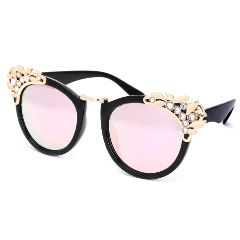 Bright black pink Женские кошачий Глаз Модные солнцезащитные очки Стразы очки с листьями зеркальные линзы LX9E - Цвет оправы: Bright black pink