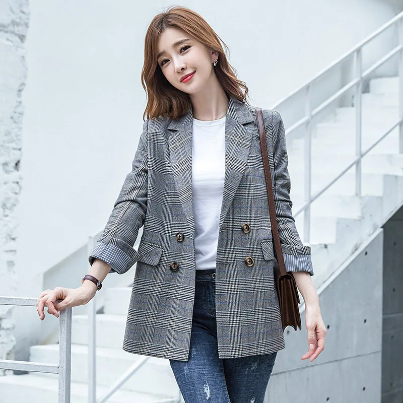 

2019 Autumn And Winter New Style Korean-style Fashion Pattern Gray Small Suit Double Breasted Slim Fit Casual Online Celebrity-C