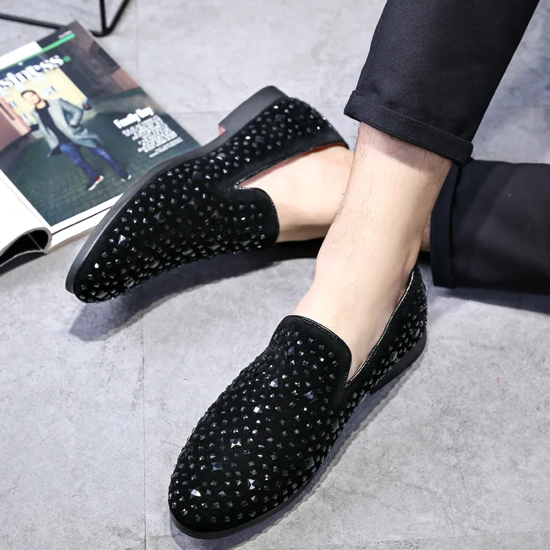Black Diamond Dress Men Shoes New Black Rivet Rhinestones Pointed