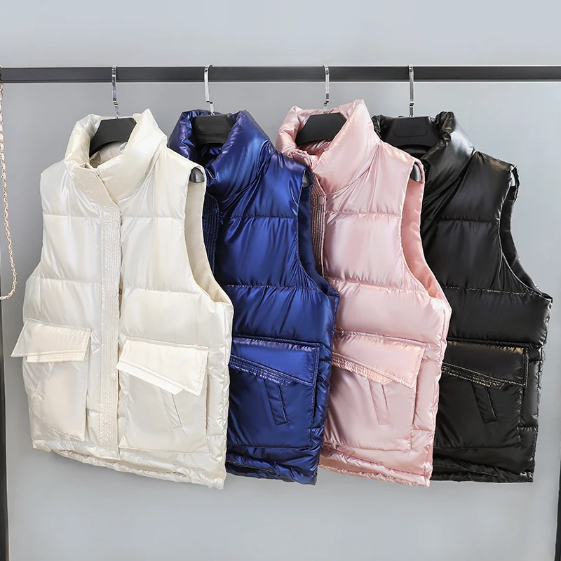 Зимний женский жилет новинка модная металлическая однотонная черная блестящая