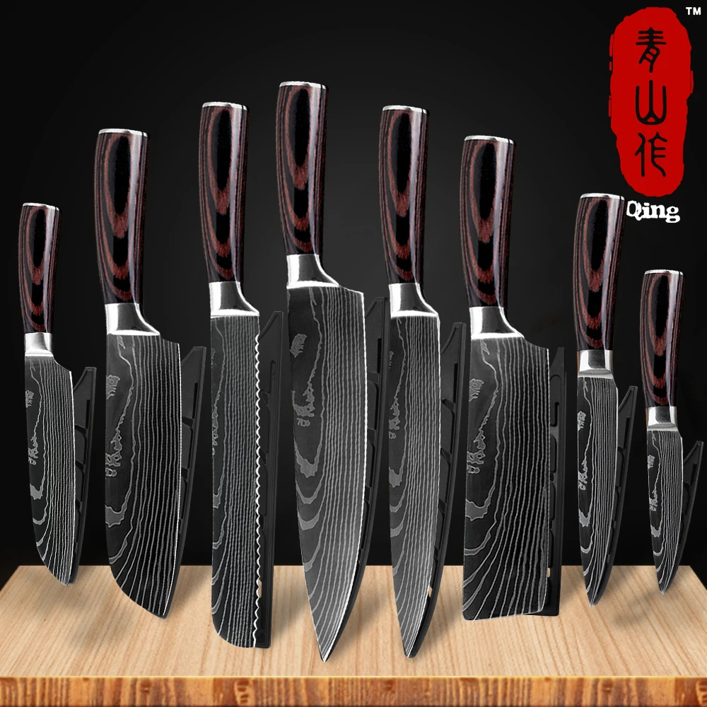 Японские кухонные ножи Qing Brand 8 дюймов лазерный дамасский узор нож шеф-повара