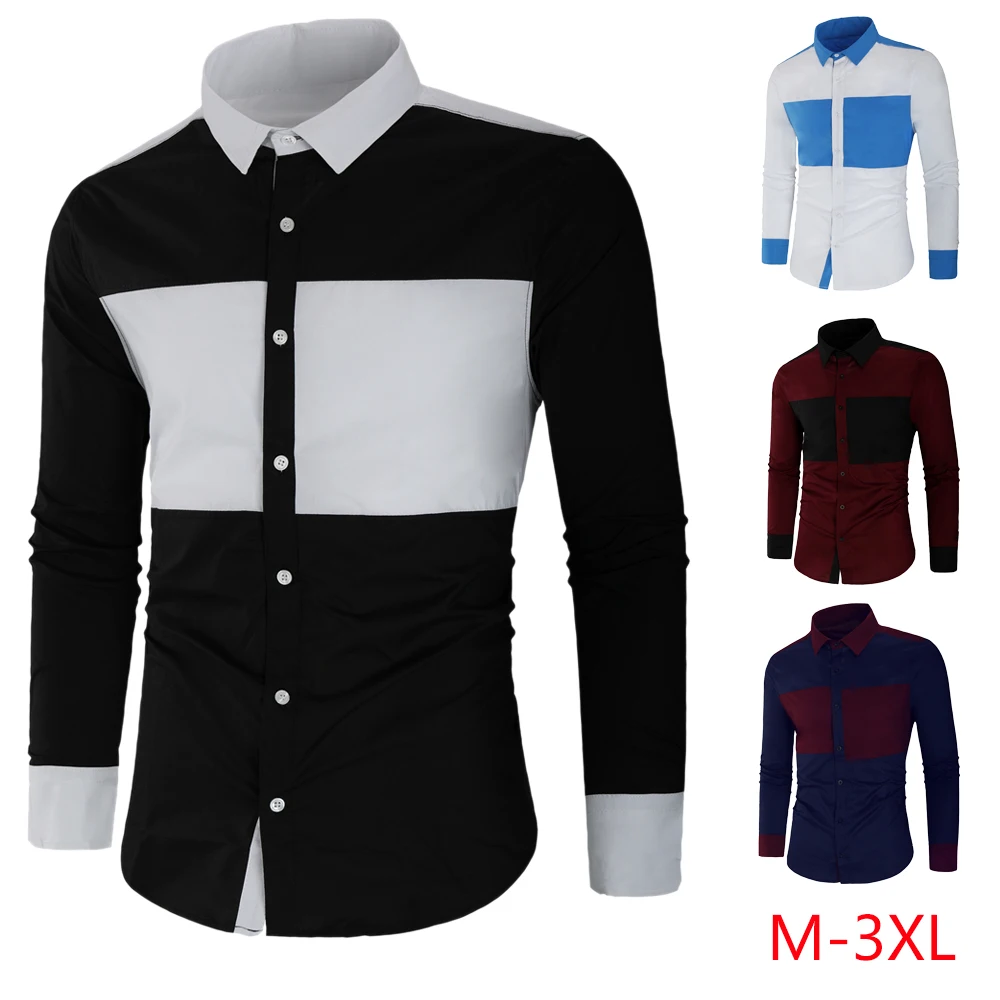 Мужские рубашки, модные хлопковые рубашки с длинным рукавом, Camisa Masculina Slim Fit Camisa, Повседневная белая рубашка в стиле пэчворк для мужчин 2019