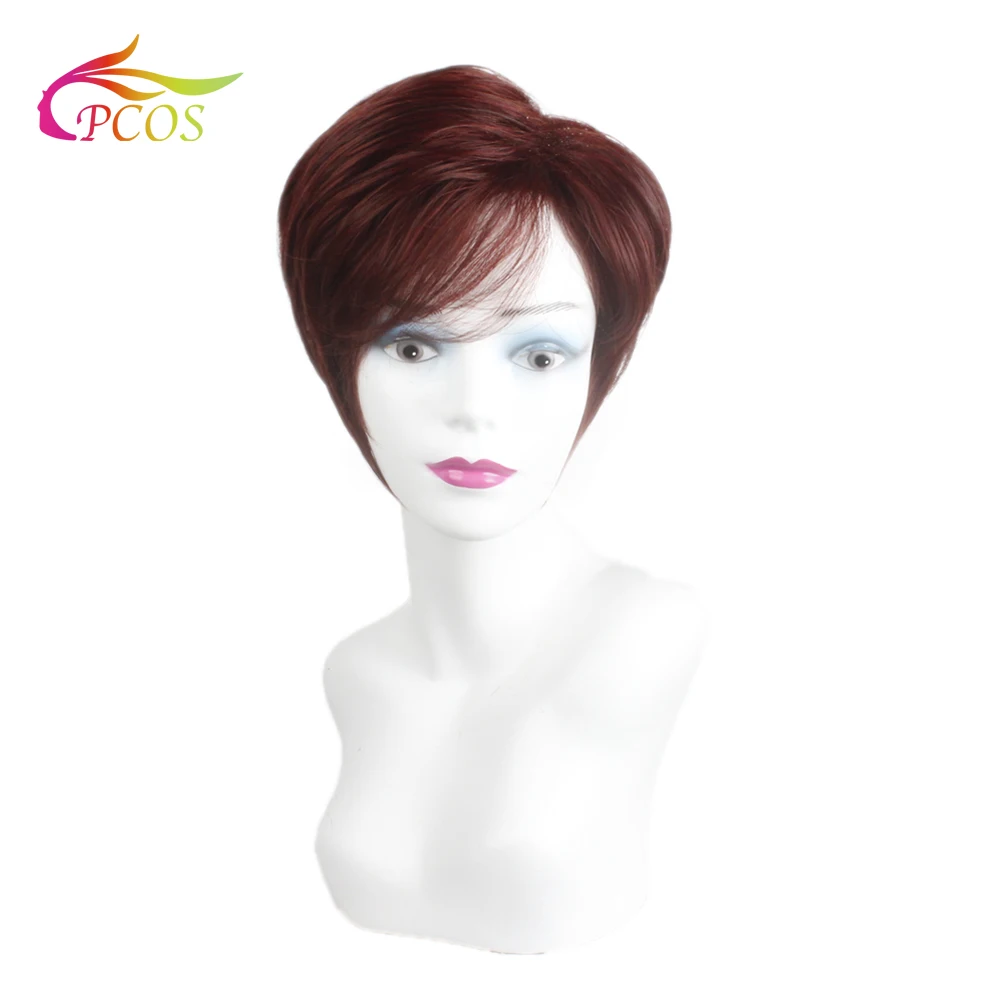 

Short Red Wine Synthetic Hair Wigs for Black Women Natural Straight Lady Puffy Heat Resistant Female Wig