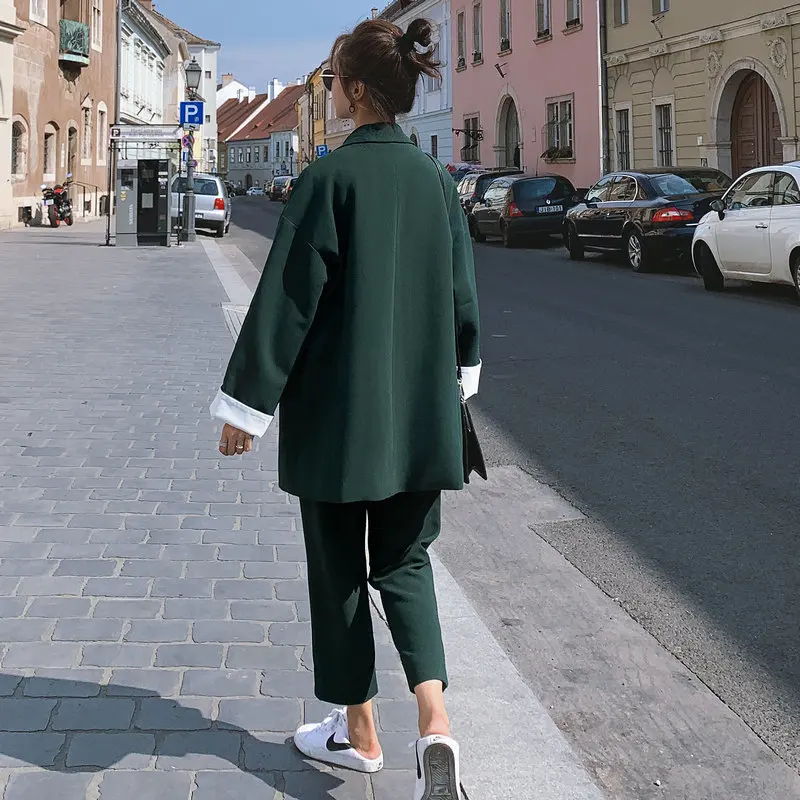 Женский костюм, куртка, осень, Корейская версия, Новая Манжета, Хит, цвет чернильно-зеленый, маленький костюм+ девять штанов, костюм из двух предметов