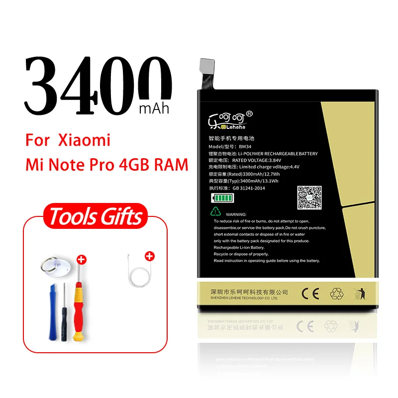 Аккумулятор BM34 для Xiaomi Mi Note Pro, 4 Гб ОЗУ, 3100 мА/ч, запасная батарея большой емкости с инструментами, подарки - Цвет: BM34 3100mAh