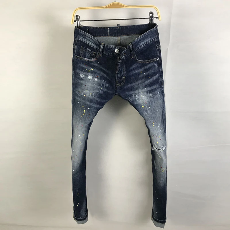 Italian Style Fashion Men Jeans Retro Blue Slim Fit Ripped Jeans Men