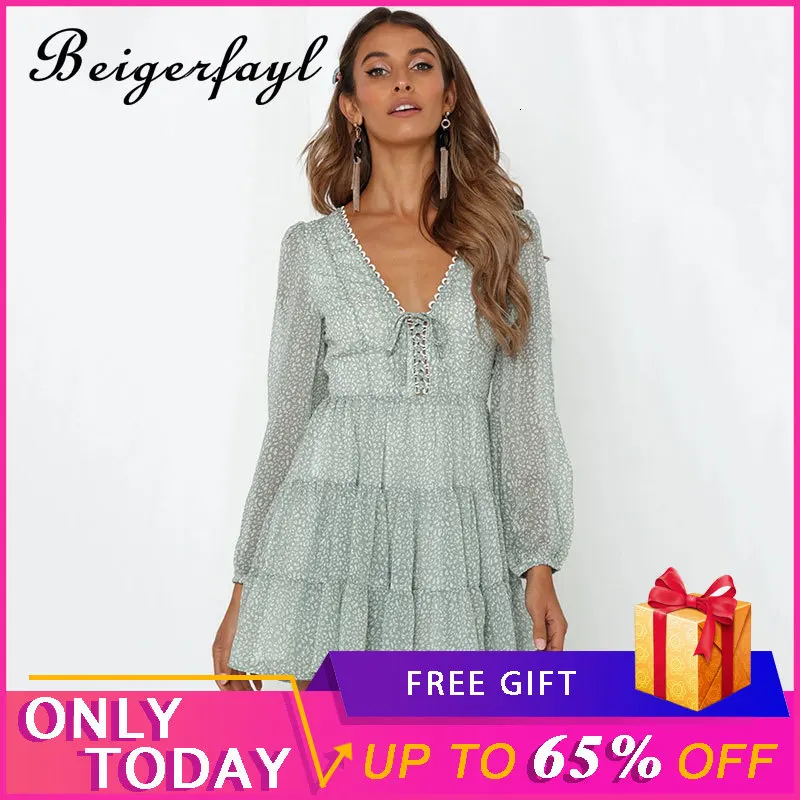 Beigerfayl/2019 летнее платье с цветочным принтом и v-образным вырезом зашнуровать