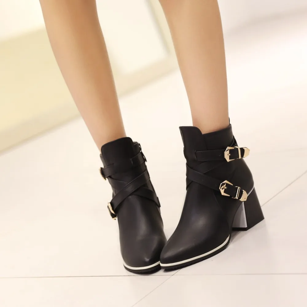 US $14.53 Large Size Pointed Toe Square Heel For Women Boots Fashion Buckle Ankle Boots Women Shoes Zipper Cheap High Heel Boots Woman 39