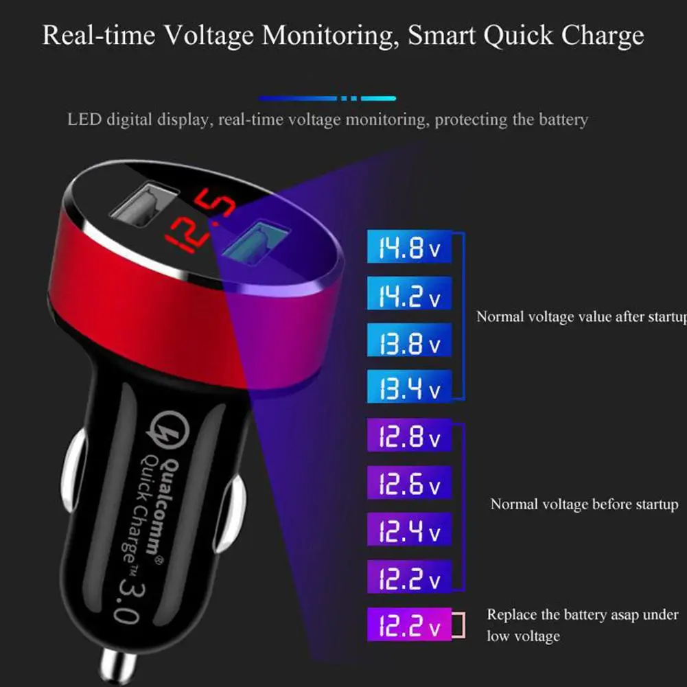 СВЕТОДИОДНЫЙ цифровой дисплей Quick Charge Qc3.0 автомобильное зарядное устройство с 2.4a Dual USB Автомобильное зарядное устройство автомобильное зарядное устройство с дисплеем напряжения тока