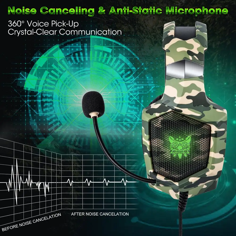 ONIKUMA K8 RGB Gaming Headphone PC Ps4 Headset with Mic Over Ear Camouflage Noise Cancelling with Adapter Wired Headset for Xone