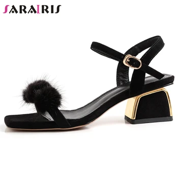 

SARAIRIS Fur Ball Open Toe Buckle Strap High Heels Solid Sandals Women Brand Casual Summer Sandals Ladies Fashion Laides Shoes
