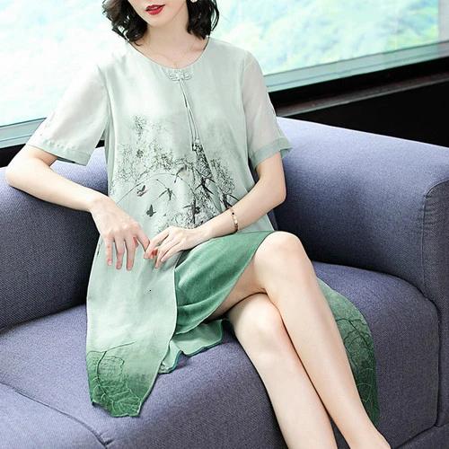 

2019 Summer Formal Dress Women Elegant Chinese Style Fake Two Silk Dresses Ancient Casual Straight Plus Size Middle Aged Mother