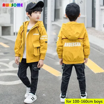 

4-14 year Old Sping & Autumn Jackets 2020 Teens Outdoor Jackets for Boys Hooded Letter Jacket Kids Front Pocket Windbreaker Coat