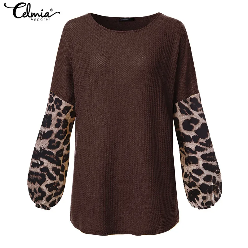  Celmia Women Leopard Print Blouse Patchwork Plus Size Tunic Tops Long Lantern Sleeve Casual Elegant