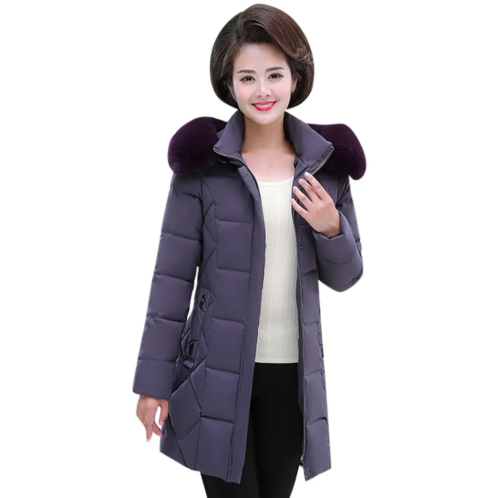 Модные женские парки среднего возраста, зимнее толстое теплое пальто с капюшоном, куртка с длинным меховым воротником, хлопковая куртка, пальто размера плюс 5XL, верхняя одежда - Цвет: purple