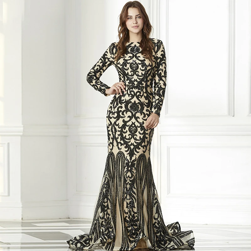 

Turkish suknie wieczorowe2019 new O Neck lace long sleeve black sexy mermaid Morocco evening gowns long prom dress plus size